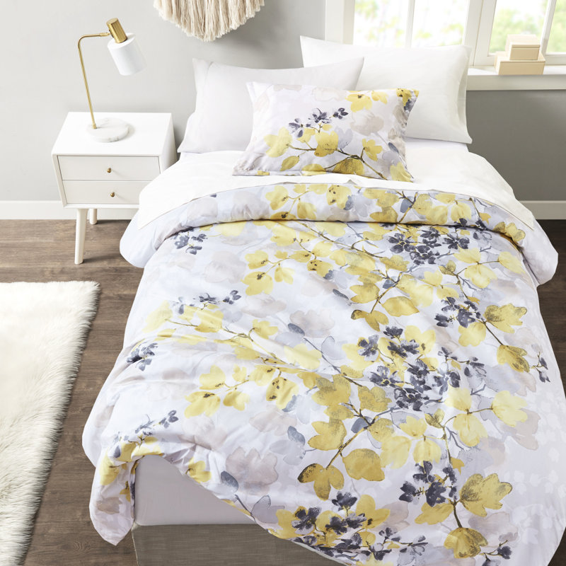 Édredon avec draps jaunes - Tissu doux pleine grandeur et feuille à motif moderne, Édredon lit double + 8 pièces incluses