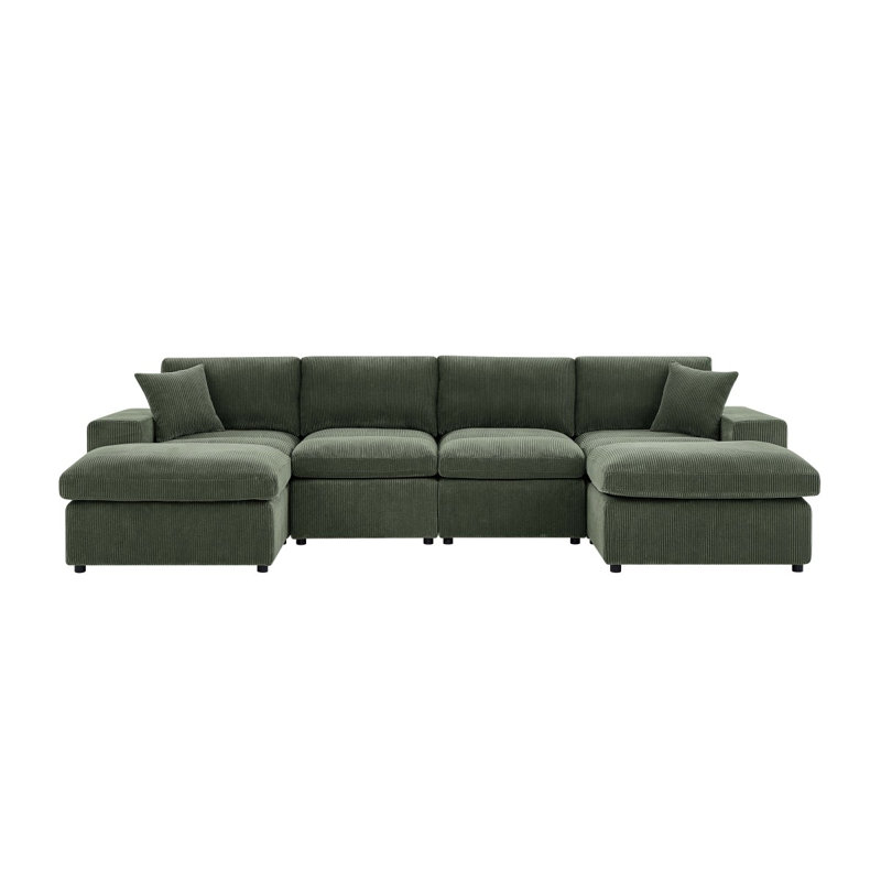 Corduroy Upholstered Symmetrical Modular Sectional, Dark Green