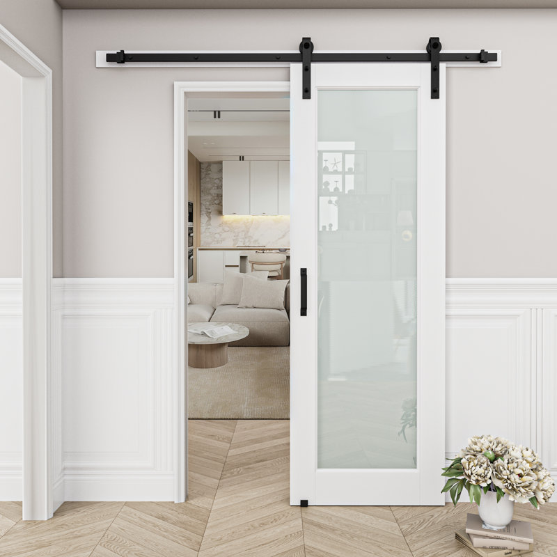 Frosted Glass and Manufactured Wood White Sliding Barn Door with Installation Hardware Kit(No Assembly Required), 32" x 80"