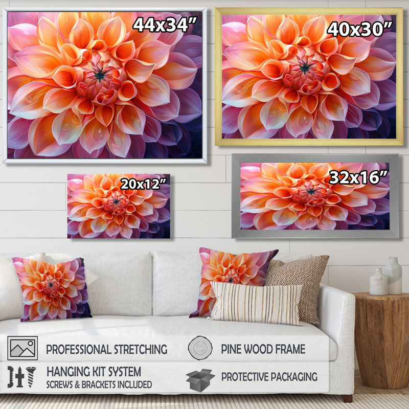 Dahlia radiant jaune et rose II - décoration murale Dahlia, Cadre flottant noir, H 16 po x l 32 po
