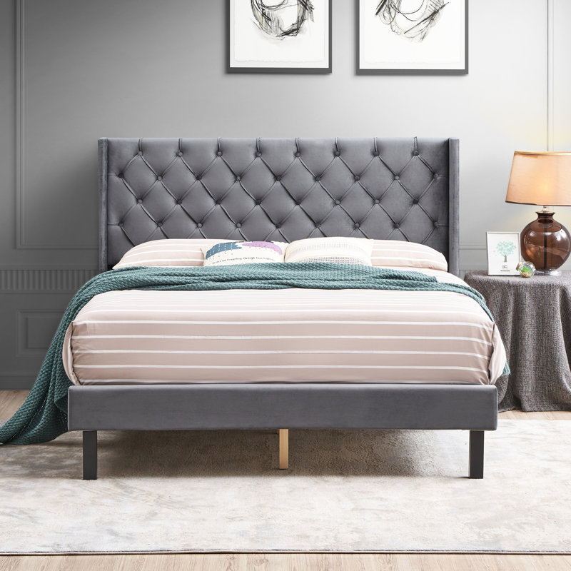 Queen Sized Platform Bed With Gray Velvet Fabric And Winged Design Feature Exquisite Head Surface