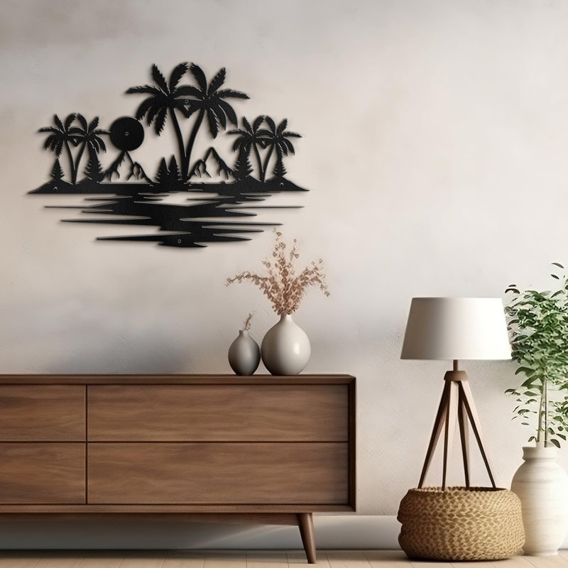 Palmiers et SunDecor, décoration murale abstraite moderne, décoration murale suspendue, H 19,8 po x l 30 po x P 0,05 po, Noir