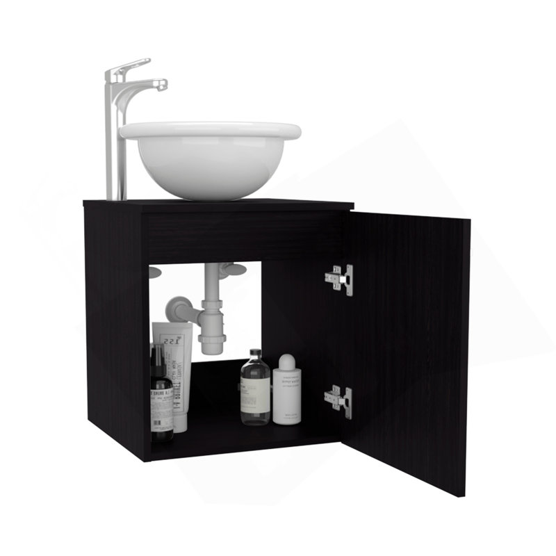 Meuble-lavabo flottant à une porte Clyde, avec lavabo vasque et une tablette, Noir