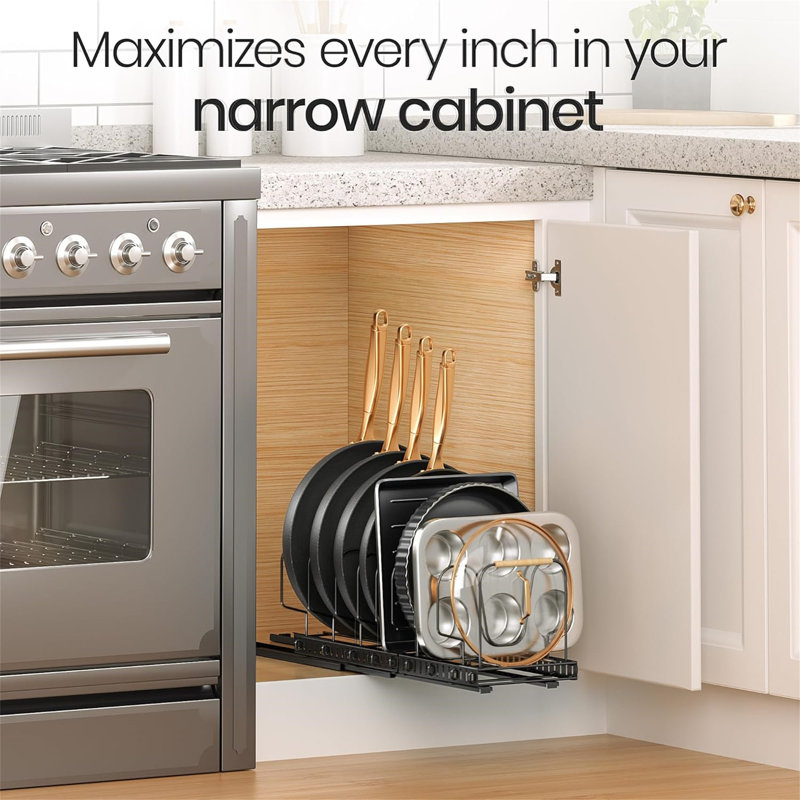 Two-piece under cabinet pull out pot rack with adjustable dividers and handle dividers, suitable for kitchen storage, space saving, practical and convenient.