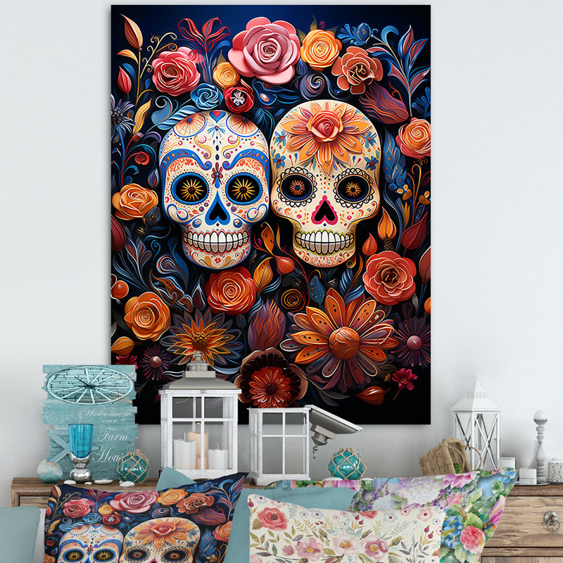 Art mexicain, jour des morts 4 - Art mural mexicain, Toile tendue, H 32 po x l 24 po x P 1 po