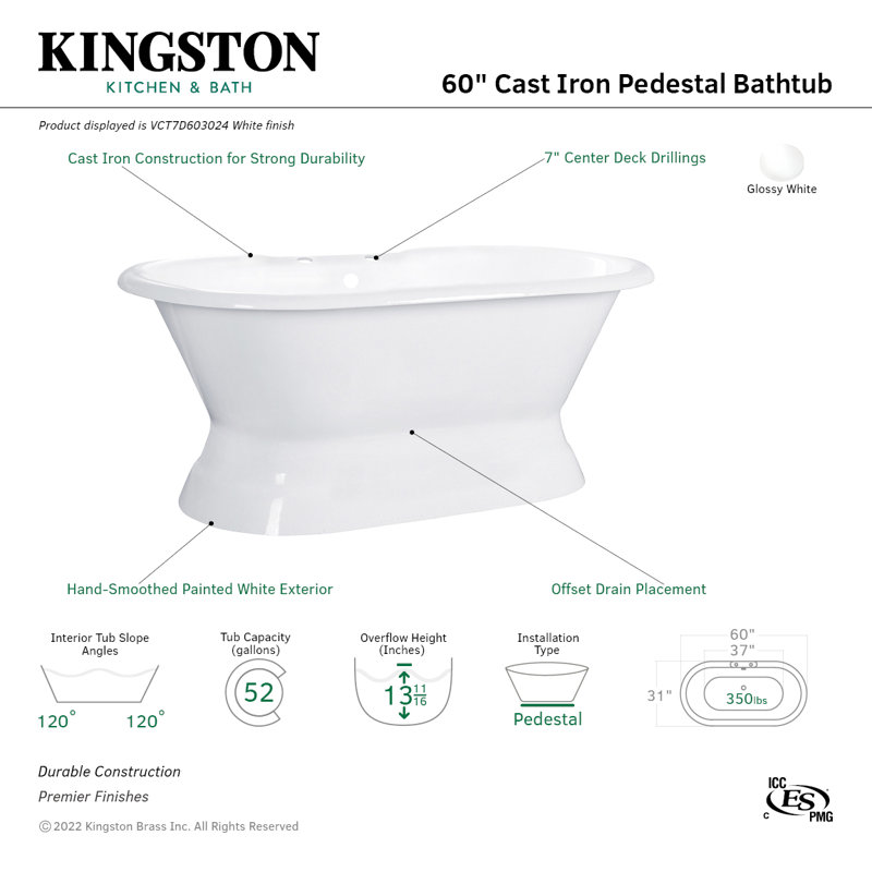 Baignoire de trempage sur piédestal 60 po x 32 po Aqua Eden