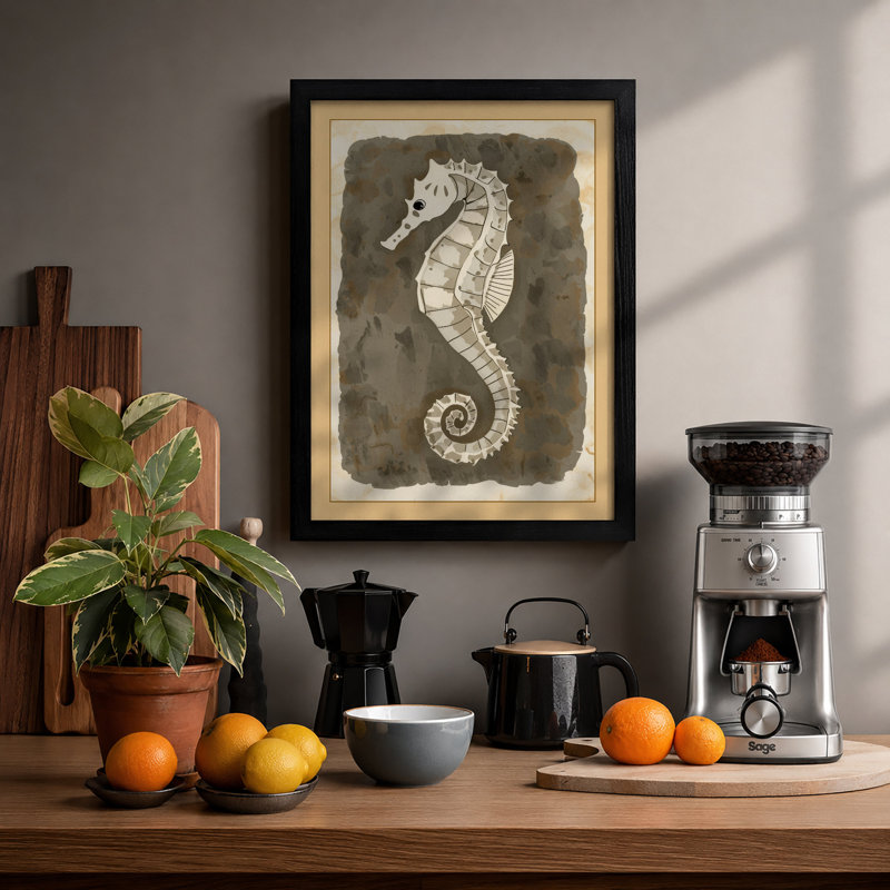 Pale Seahorse Coastal - Framed Print, A4 - 29.7 x 21.0 cm, Black