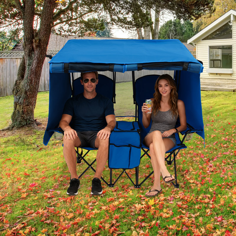 Double Folding Camping Chair With Canopy For 2 Adults Outdoor Loveseat Chair With Cooler Bag Cup Holders Carry Bag, Blue