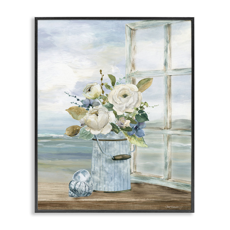 Fleurs de bord de mer sur un rebord de fenêtre, estampe numérique, design par Carol Robinson, Giclée noire de minuit encadrée