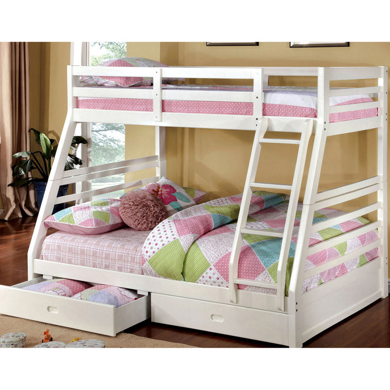 Lit superposé simple au-dessus d'un lit double de style transitionnel en blanc, deux grands tiroirs de rangement inférieurs, placage en bois massif attaché, 10 pièces Lattes pour une bonne nuit de sommeil avec des tiroirs de style moderne