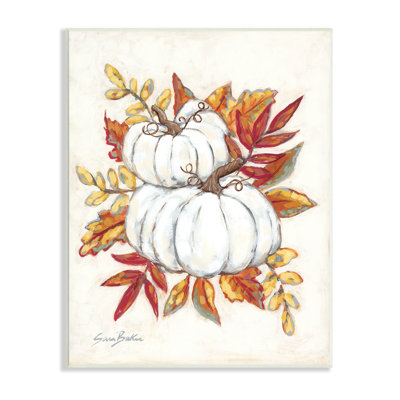 Citrouilles blanches empilées et feuilles d'automne rouges et orange par Sarah Baker - Peinture