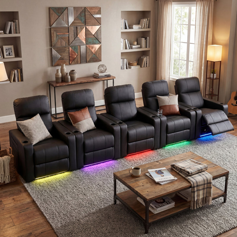 Fauteuil inclinable de luxe pour cinéma maison à gravité zéro pour salle multimédia, salle de jeux ou de salon, similicuir résistant aux égratignures avec éclairage à DEL 7 couleurs, recharge USB et type C, ensemble de 5