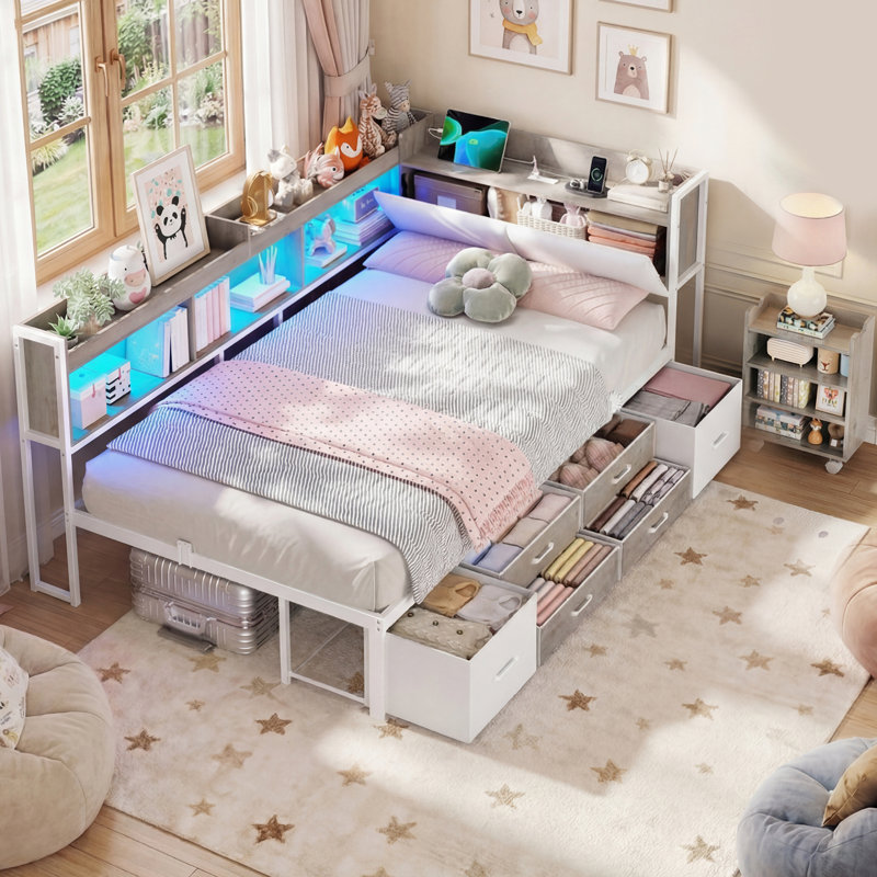 Upholstered Convertible Daybed Twin with Storage Pull-out Cabinet Bookcase & L-Shaped Headboard Under-Bed Drawers Metal Platform Bed