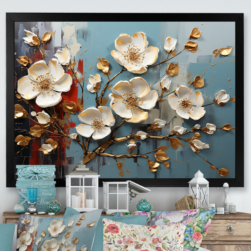 Fleurs blanches et bleues, coquelicots, arbre III - Art mural floral abstrait, Cadre d'angle fermé noir