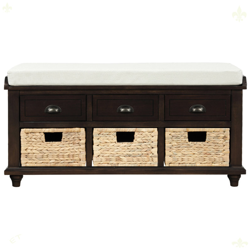 Rustic Storage Bench With 3 Drawers And 3 Rattan Baskets, Espresso