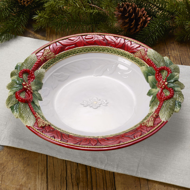 Holiday Red and Green Ceramic Christmas Serving Bowl