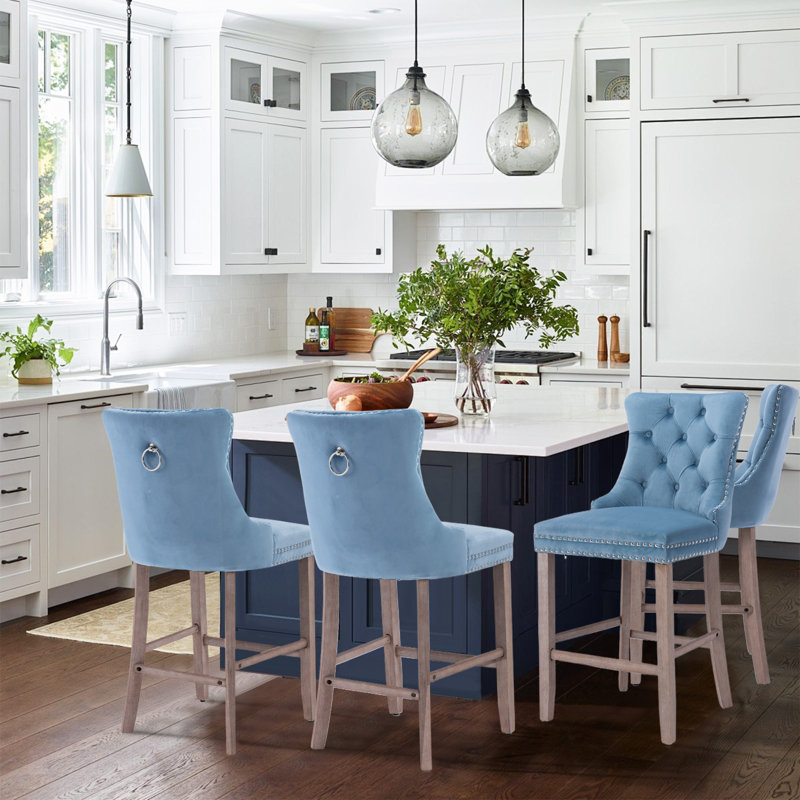 Sky Blue Velvet Upholstered Counter Stools with Wood Legs, Set of 4