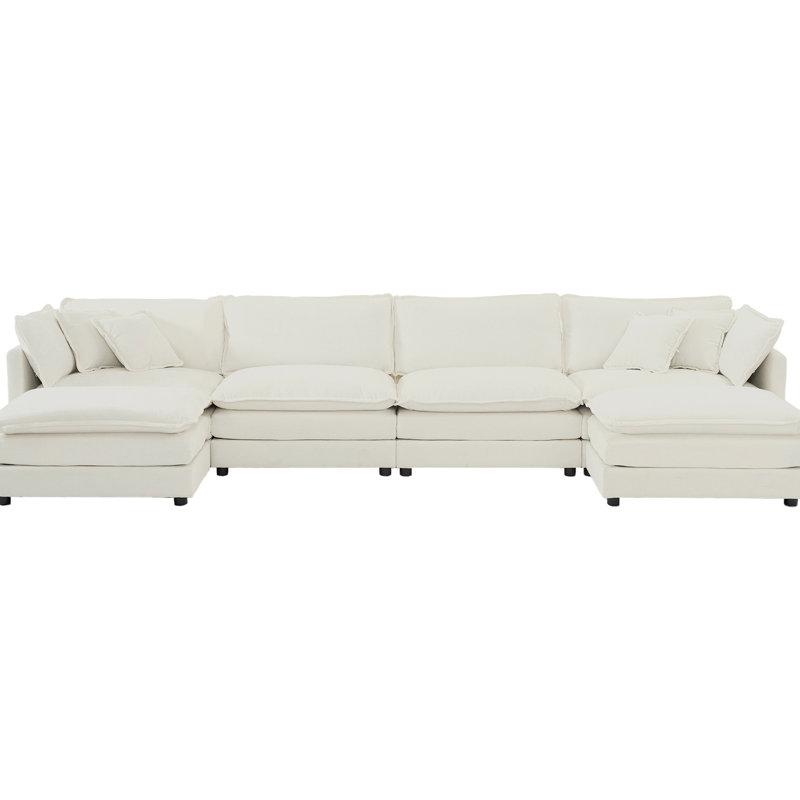 Canapé en U avec repose-pieds double, tissu chenille blanc pour la détente, modulaire rembourré, rembourrage en éponge de qualité en forme de U