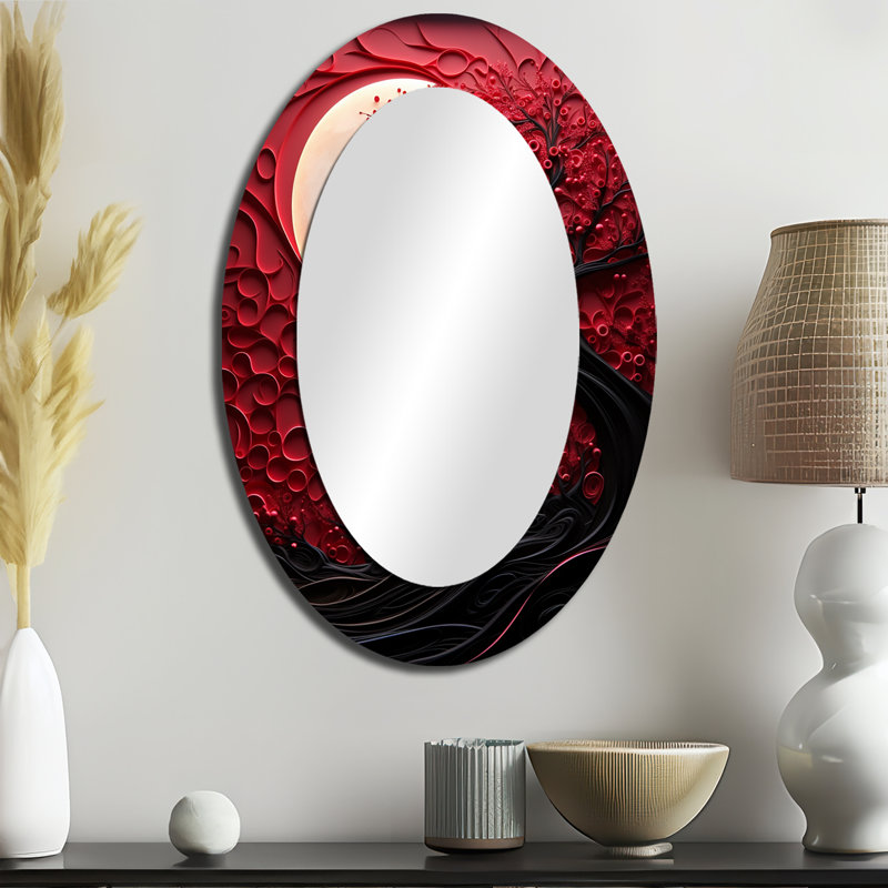 Red Moon Ruby Radiance - Red Modern Oval Wall Mirror, 36" H x 24" W