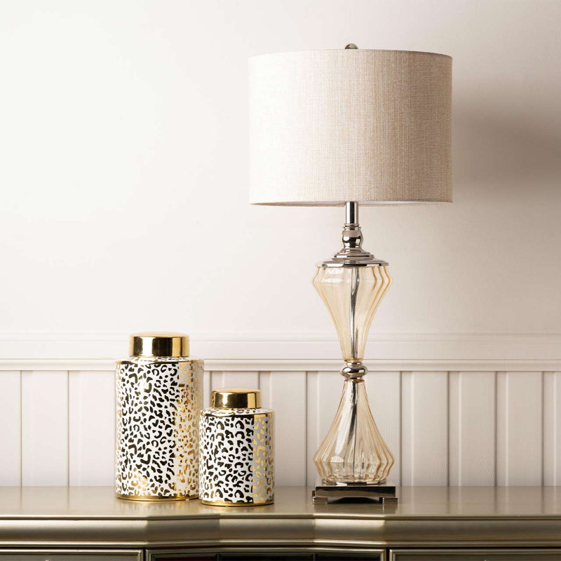 Concettina 82cm Living Room Table Lamp with Glass Base, Bedside Buffet Lamp with Linen Shade