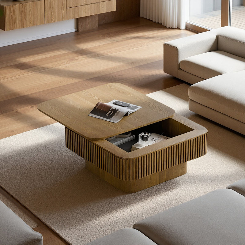 Table basse 31,5 po carrée en placage de bois massif avec rangement, brun pour le salon