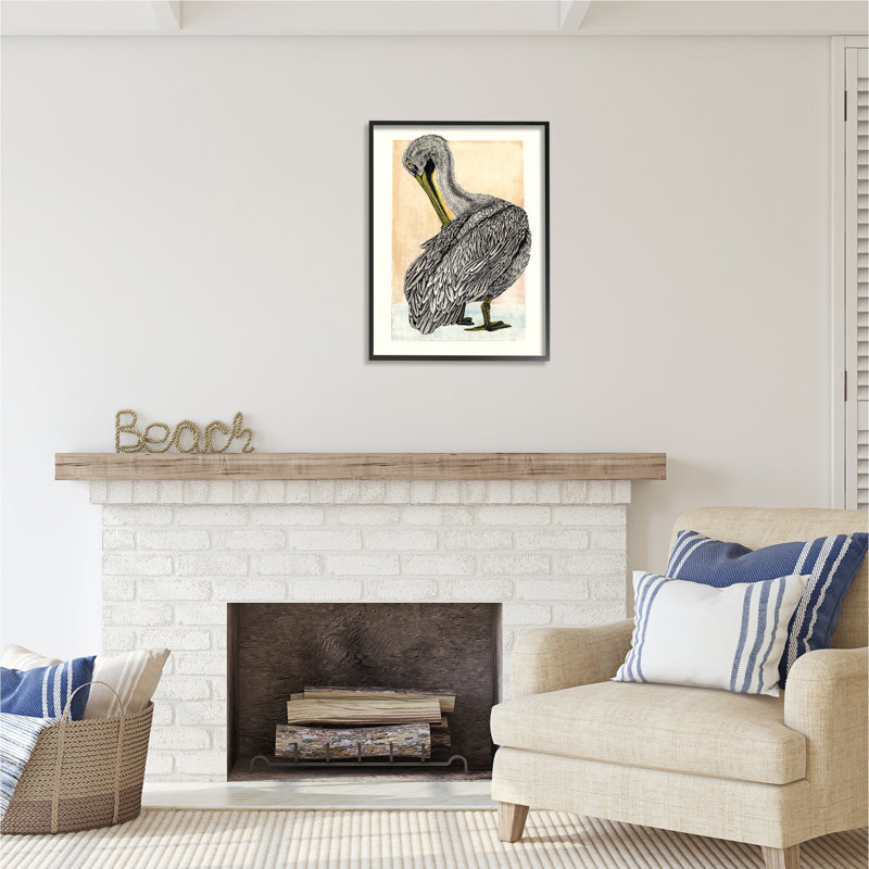Dessin détaillé de pélican par Liz Sunridge, H 30 po x l 24 po x P 1,5 po, Giclée encadrée noir minuit