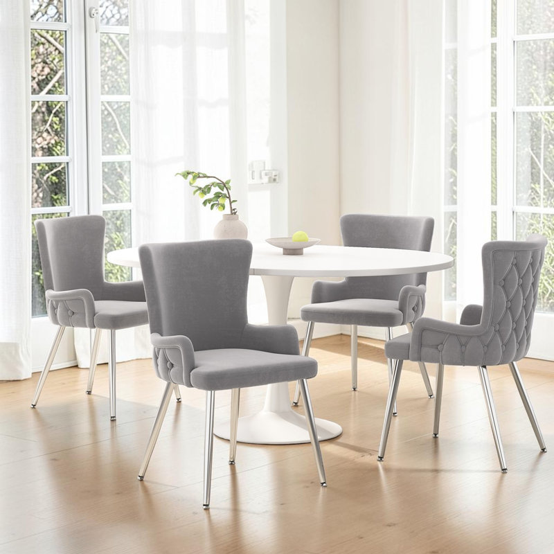 Dining Chairs Set Of Upholstered Armchairs, 4, Grey with silver leg