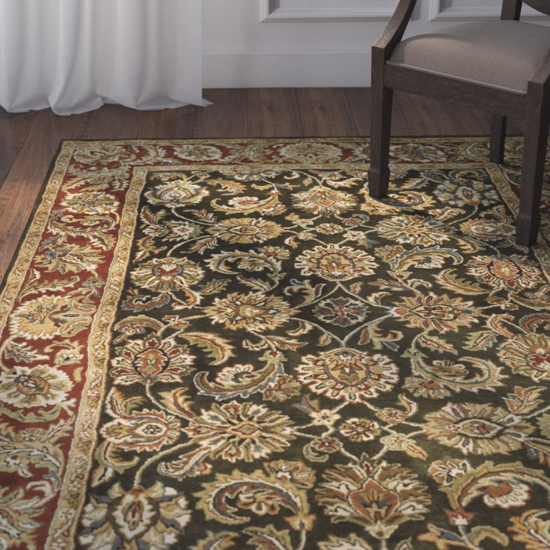Tapis oriental en laine touffeté à la main à motif oriental olive foncé / rouge Alg, Rectangle 2 pi x 3 pi