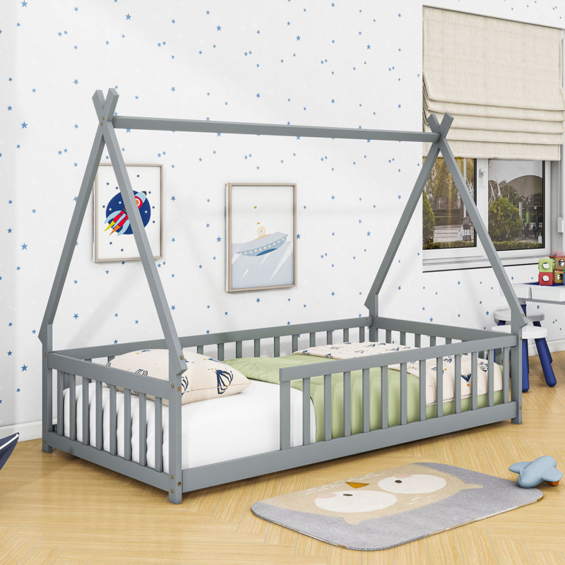 Twin-Sized Floor Bed With Safety Guardrails And Slats, Gray