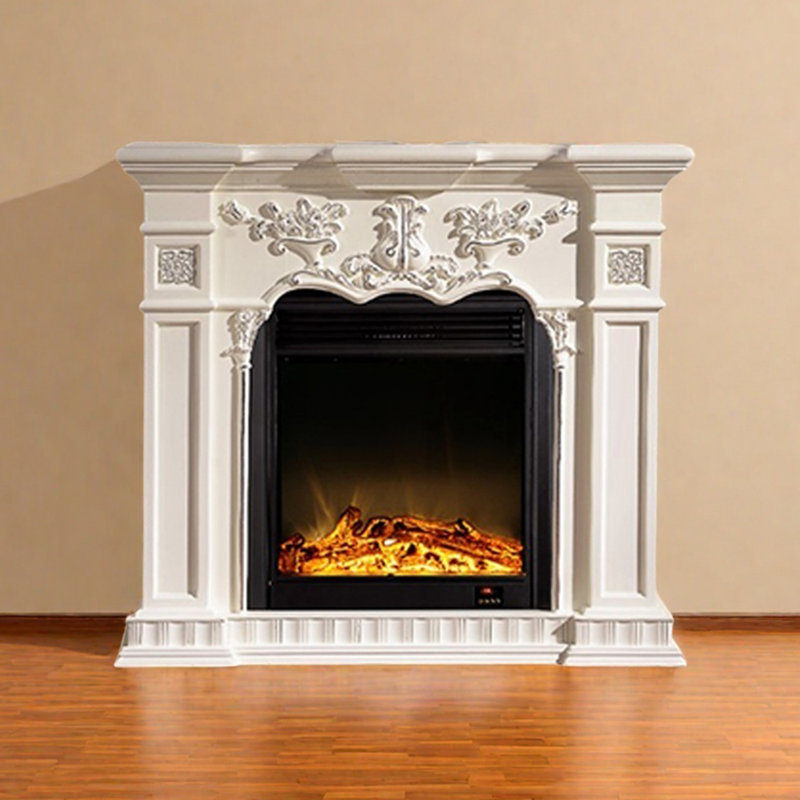 Foyer à flamme magnifiquement sculpté, Blanc argenté, H 47,24 po x l 59,05 po x P 12,59 po