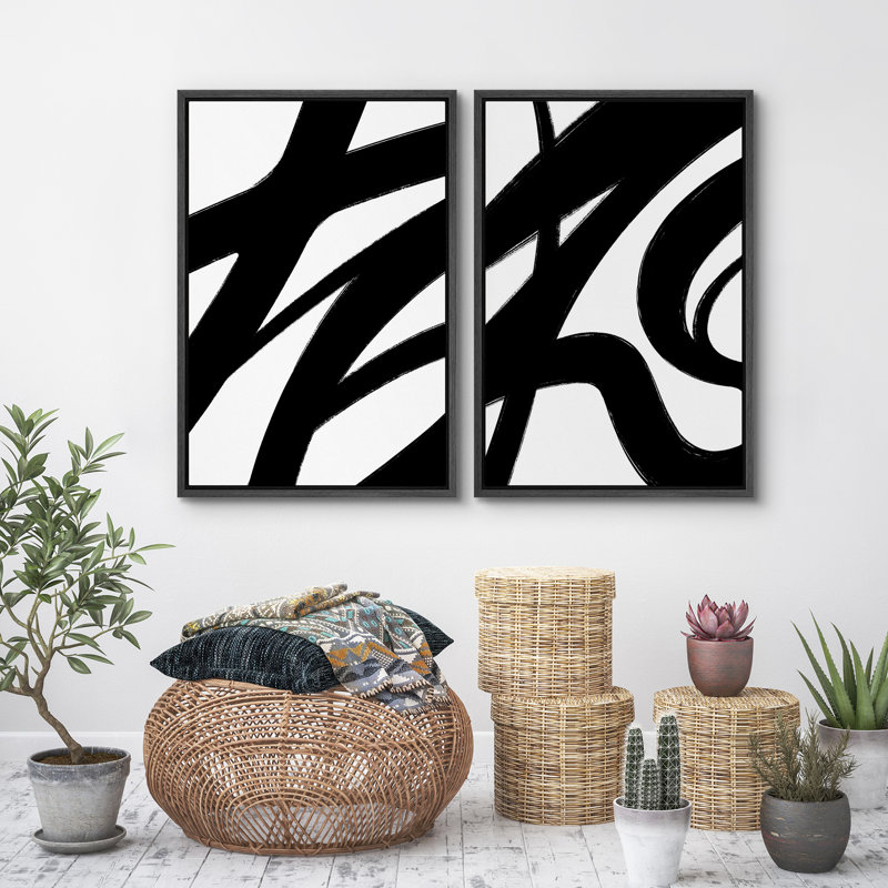 Illustration en noir et blanc de coups de peinture minimalistes, œuvre d'art moderne, Noir, H 24 po x l 16 po