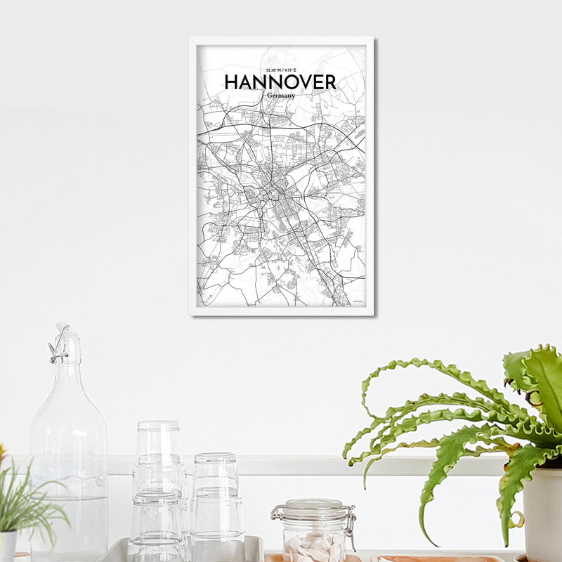 «Hannover City Map», impression, H 17 po x l 11 po, Gris / blanc