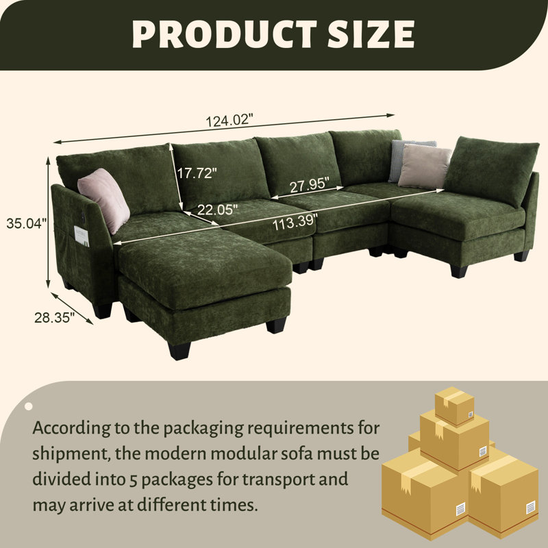 Canapé modulaire de 124 po avec repose-pieds, Vert