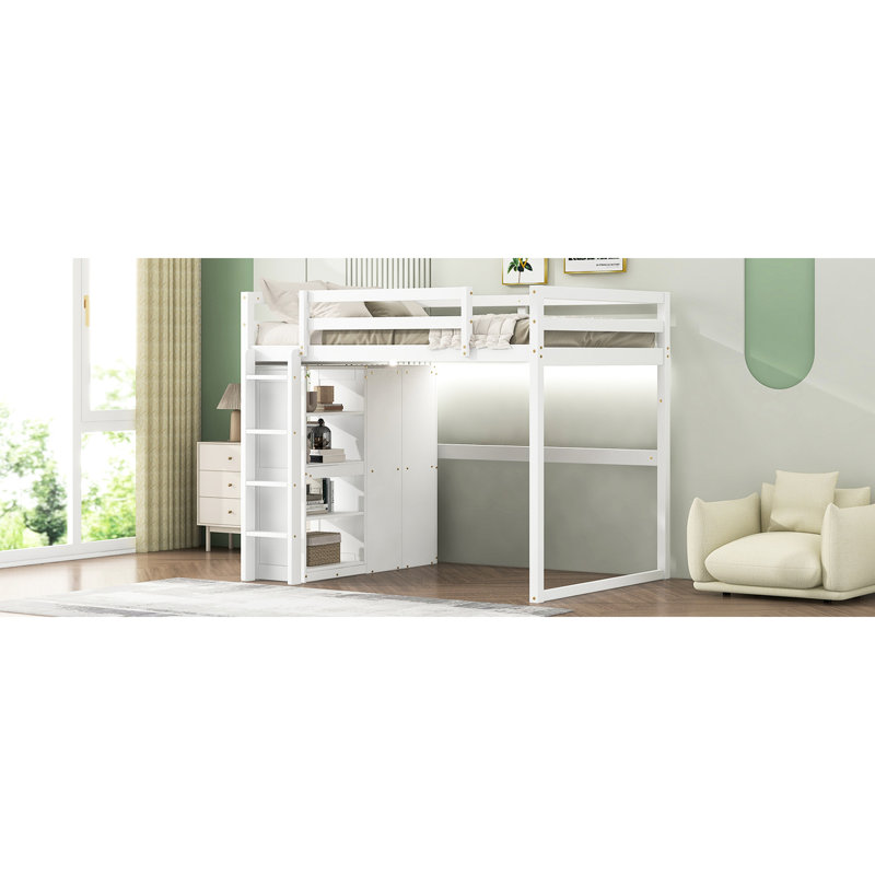Lit mezzanine avec garde-robe intégré, rangement à 4 couches et lampe à DEL de couleur blanche en bois pleine grandeur, garde-robe