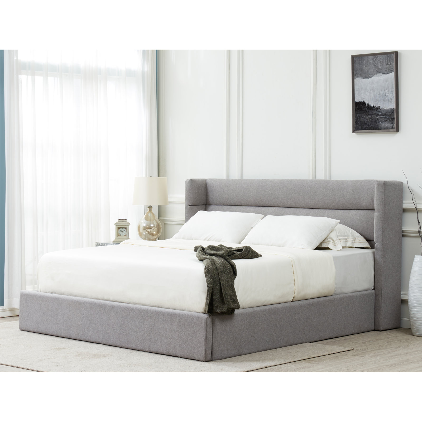 Doria Linen Upholstered Bed, Queen, Light Gray