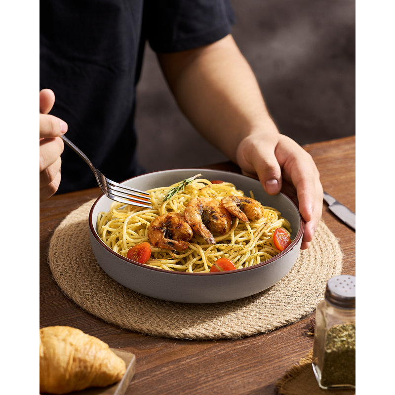 4-Piece Stoneware Pasta Bowl Set- Service For 4, Light Gray