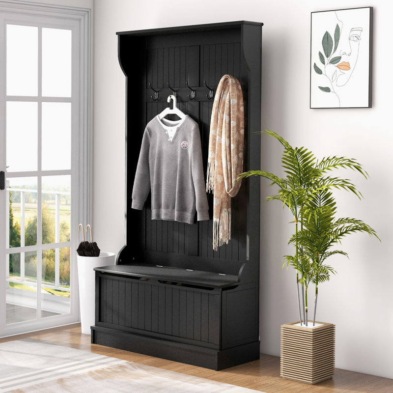 3-In-1 Entryway Hall Tree With Storage Bench, Coat Rack, And Shoe Organizer For Mudrooms And Hallways, Black