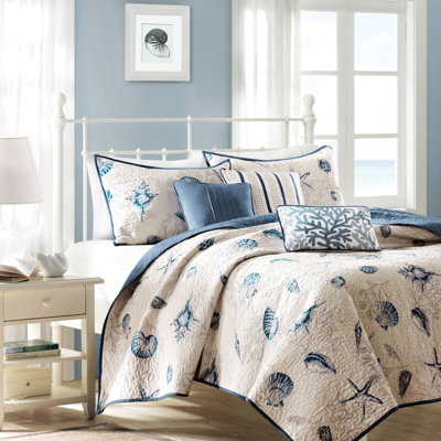 Microfiber Quilt With Print, King, Blue King Printed And Pleated Decorative Pillows
