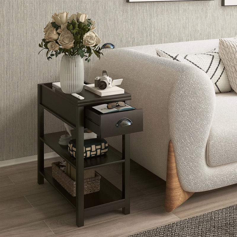 Narrow Sided Table With Drawers And Bottom Partition In Flip Over Design, Brown