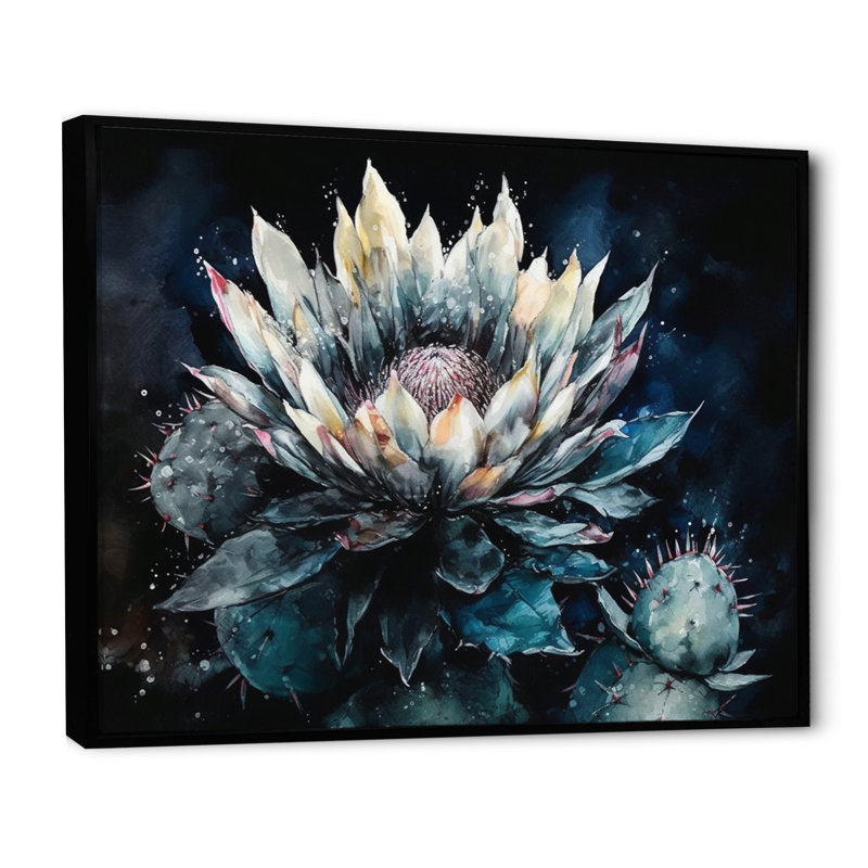 Ryou, fleur de cactus vert sur toile, H 30 po x l 40 po x P 1,5 po, Cadre flottant noir