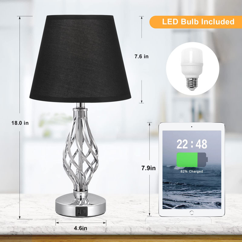 Lampe de table en métal USB, Noir, Argent, H 17,99 po x l 6,3 po x P 6,3 po