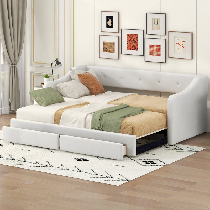 Twin XL To King Size Upholstered Daybed With Two Drawers, Beige