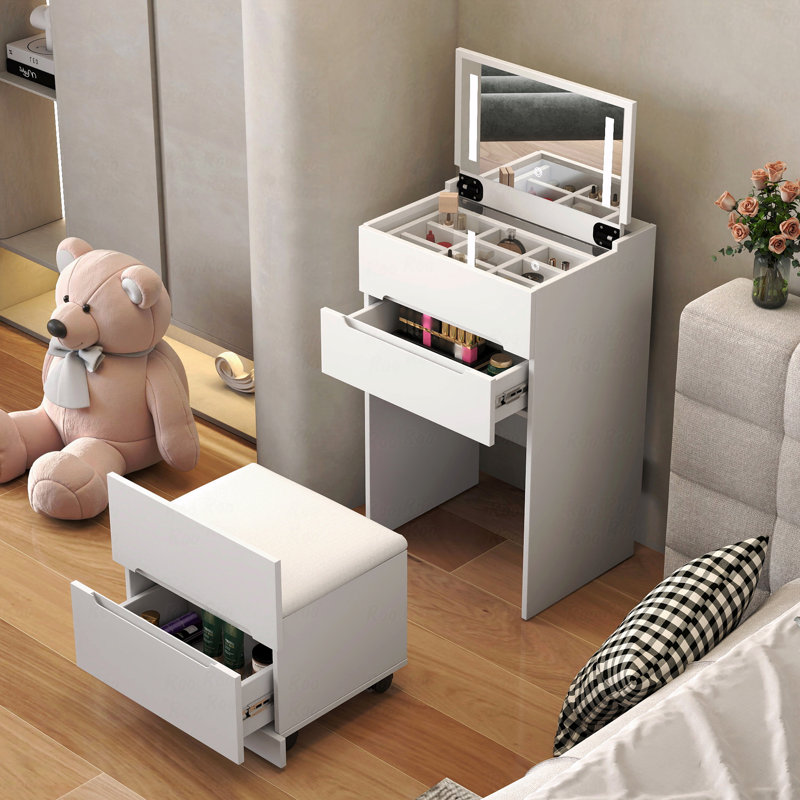 Coiffeuse (coiffeuse de maquillage) - bureau de coiffeuse 3 en 1 (miroir de maquillage) avec miroir ouvert, petite coiffeuse de maquillage avec bureau en verre visible, coiffeuse de maquillage compacte avec 3 tiroirs, pour la chambre à coucher