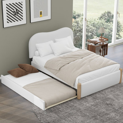 Lit plateforme tapissier avec pieds de soutien en bois et lit gigogne simple, lit d'invité peu encombrant