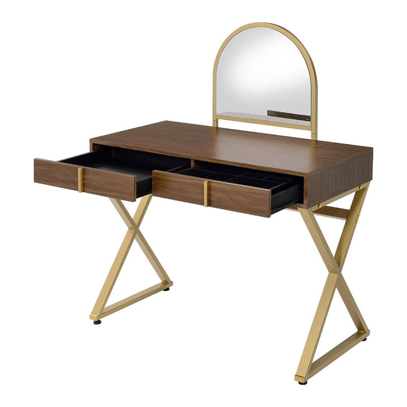 2 Drawers Vanity Desk With Mirror And Jewelry Tray, Walnut And Gold