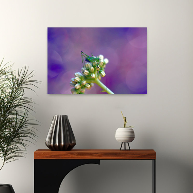 Green Insect On Bloom Delicate Vibrant Contemporary Grasshopper Violet Flower Nature Wall Art Print 1 Piece Wrapped Canvas Wall Art