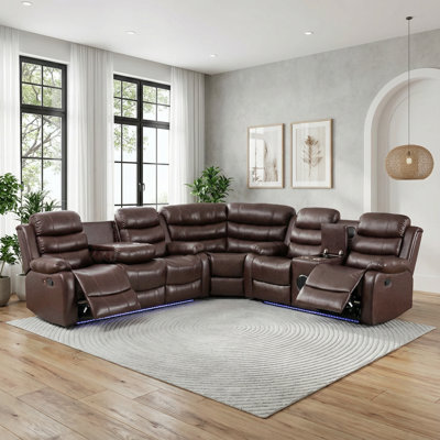 3-Piece Reclining Sectional With LED Light Strip, Bluetooth Console & Drop Down Table, Faux Leather Home Theater Seating