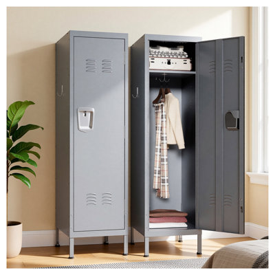 Armoire métallique de 140 cm de haut, casier de rangement en acier gris avec porte ventilée, serrure et crochets latéraux pour chambre ou bureau à domicile