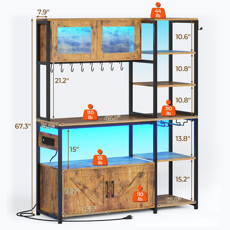 Akers 45.3" Baker's Rack With Power Outlet And Led Light, Farmhouse Coffee Bar Cabinet, Rustic Brown/Black