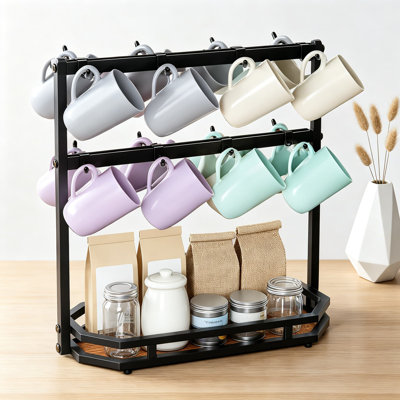 Coffee Mug Holder with Movable Hooks, 16-Capacity Cup Rack for Countertop, Metal Mug Tree Organizer with Storage Base, Adjustable Heights for Home Kitchen Cabinet Display